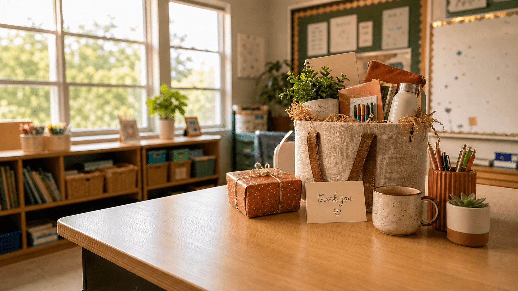 A thoughtful teacher gift arranged on a classroom desk in natural window light.
